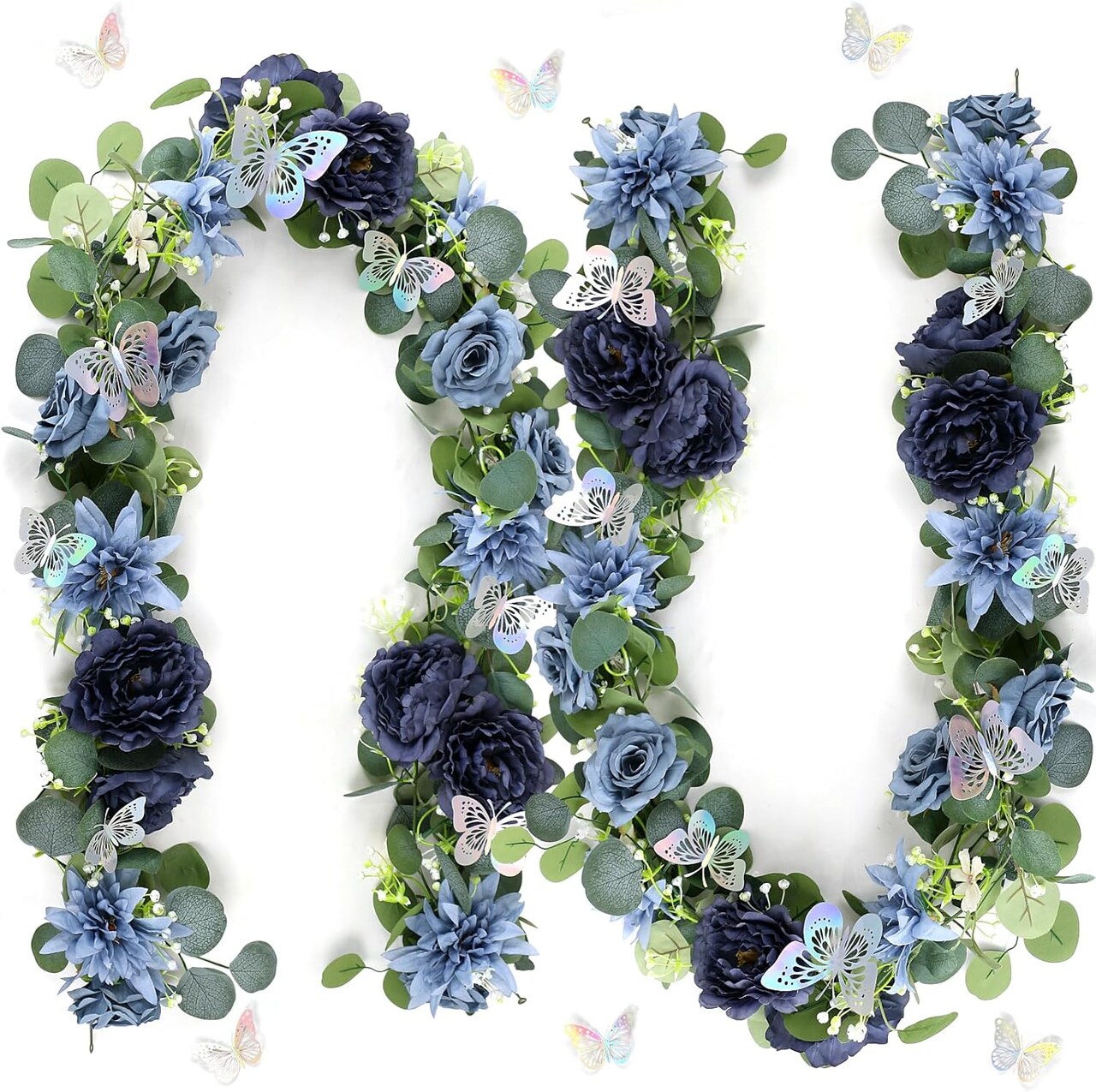 Eucalyptus Spring Garland with Flowers - 2 Pack 5.9 FT Fake Flower Garland with Butterflies Faux Rose Greenery Garlands for Wedding Table Backdrop Arch Centerpieces Decorations - Navy Blue